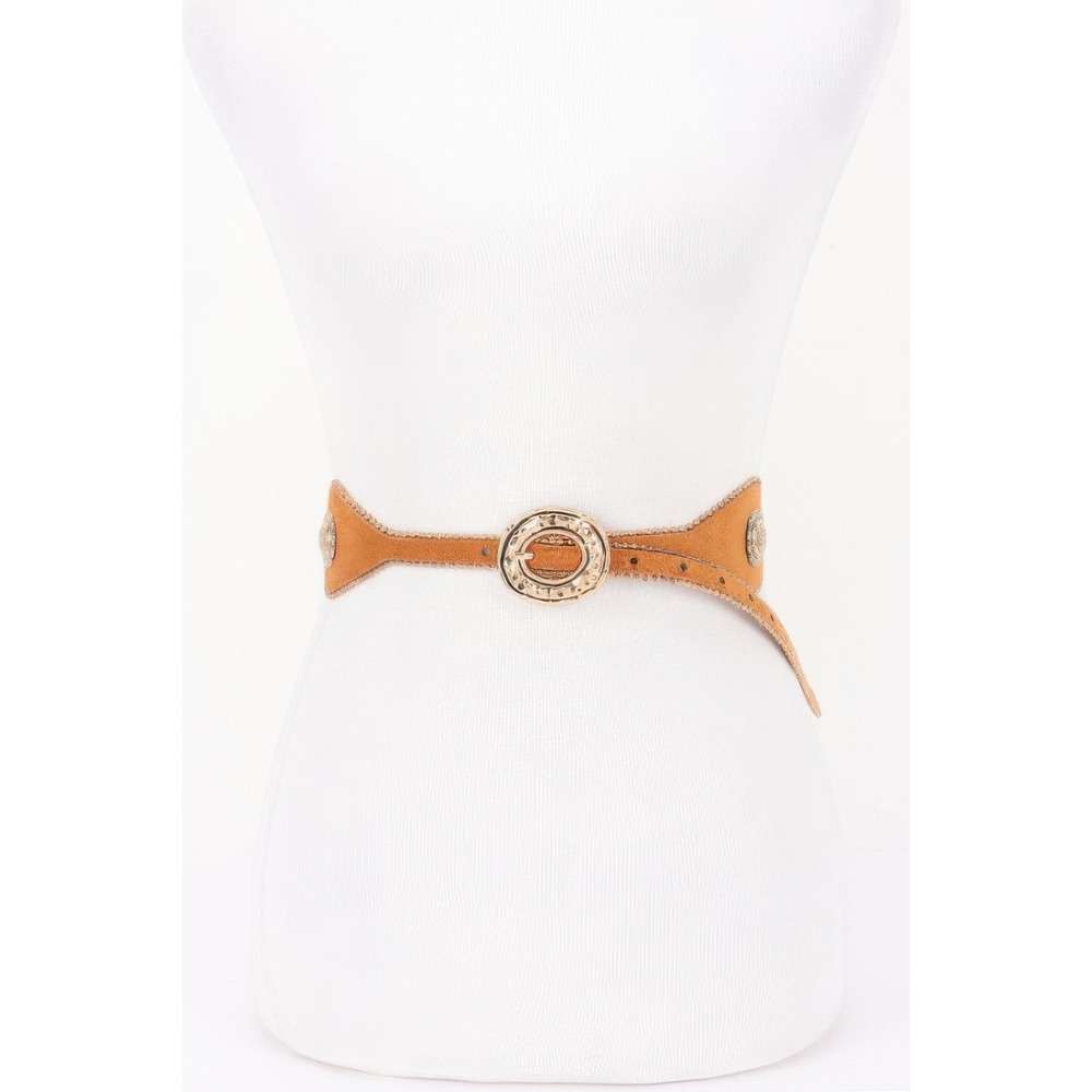 Scalloped Medallion Belt Womens Camel Gold